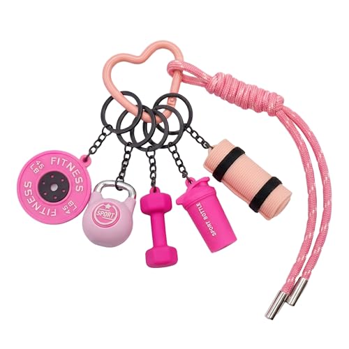 Gym Keychain Motivational Fitness Accessories with Dumbbell Kettlebell Barbell Yoga Mat Charms Weightlifting Keyring - color: Pink