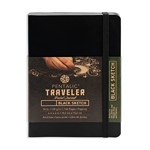 Pentalic - 4" x 6" Traveler Midnight Sketch Black Paper Journal, 160 Pages, Black - size: 4-inch x 6-inch, Black