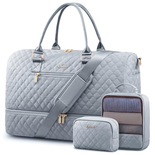 LOVEVOOK Travel Duffle Bag for Women, Weekender Overnight Bag with Shoe Compartment, Carry on Bag with Toiletry Bag, Gym Duffel Bag with Wet Pocket, Hospital Bags for Labor and Delivery 3 Pcs Set - color: Grey, size: Large