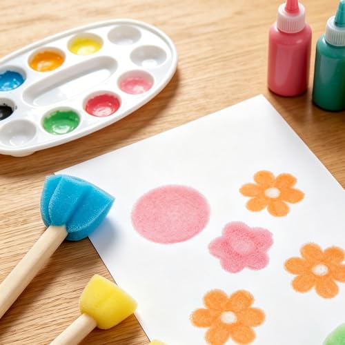 40 Pcs Round Flower Paint Sponges Set, Sponge Brushes for Painting, Sponge Paint Brushes for Acrylic Painting, Wooden Handle Craft Sponges for DIY, Crafts and Kids Arts - style: 40 Pcs Flower Sponges