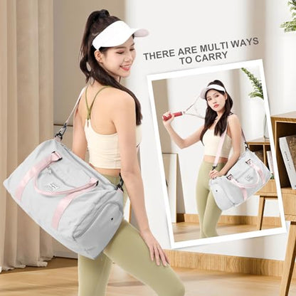 Gym Bag Womens with Shoes Compartment Travel Duffel Bag Grey Pink - color: B12-Grey&Pink+Toiletry Bag