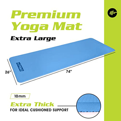 Extra Thick Yoga Mat for Women – TPE 10 mm-Thick Non-Slip Yoga Mat & Nylon Mat Strap – Men’s Fitness & Workout Mats for Home Gym – 26 x 74 In. Indoor-Outdoor Meditation & Exercise Mats by PowX (Blue)