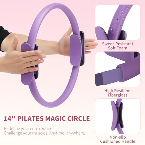 Pilates Ring Set for Women, Home Workout Pilates Equipment with Resistance Bands, 14'' Magic Circle, Mini Ball, Pilates Starter Kit for Strength - color: Purple