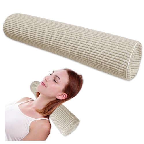 NANSHIE Neck Pillow for Sleeping, Cervical Neck Pillow Cylinder Bolster Pillow, Round Foam PillowCore Plush Washable Cover, Multi-Functional Support Pillow for Home Office Travel Yoga (Khaki)