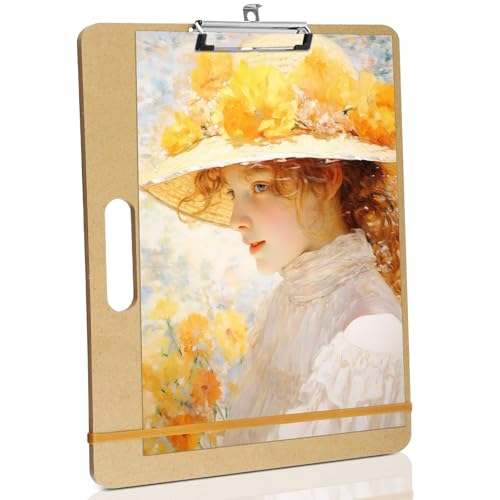 13" x 17" Art Drawing Board with Clip, Watercolor Painting Sketch Pad | Portable Lightweight Wooden Large Clipboard, with Handle Rubber Band, for Artist Sturdy Art Easel for Studio, Indoor Outdoor
