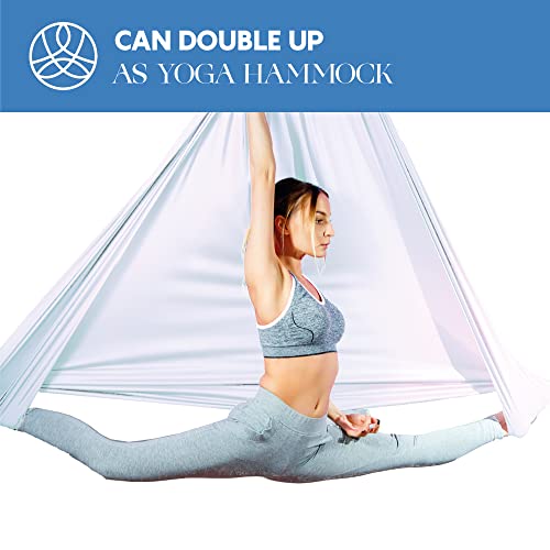 Aerial Silks Starter Kit, 9 Yards, Aerial Yoga Hammock, Hardware | Knitted fabric with pose guide, for aerial yoga, gymnastics, silk swing, stretching and home gym use, suitable for all levels - color: White