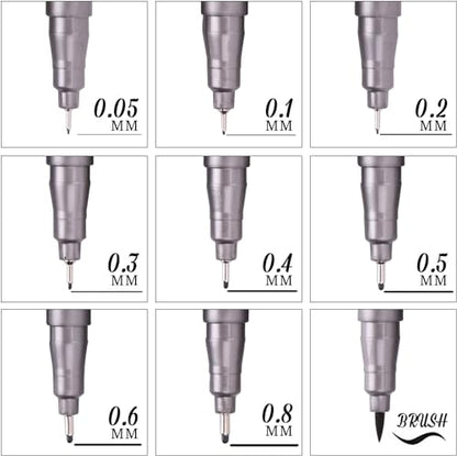 YUANCHENG Precision Micro-Line Pens, Set of 9 Black Micron Fineliner Ink Pens, Waterproof Archival Ink, Multiliner, Sketching, Anime, Artist Illustration, Technical Drawing，Art Watercolor