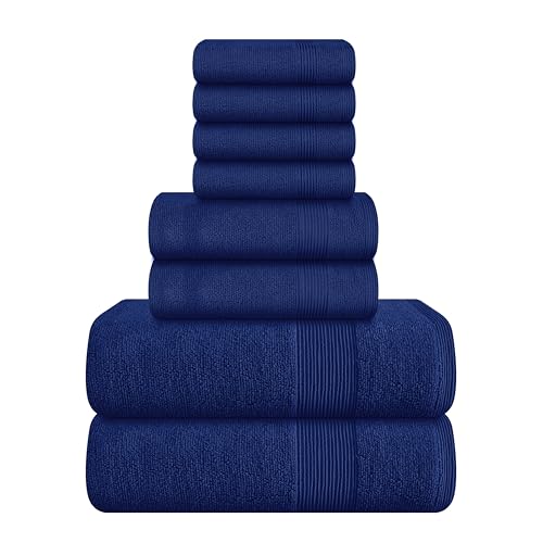 Belizzi Home 8 Piece Towel Set 100% Ring Spun Cotton, 2 Bath Towels 27x54, 2 Hand Towels 16x28 and 4 Washcloths 13x13 - Ultra Soft Highly Absorbent Machine Washable Hotel Spa Quality - Navy Blue - color: Navy Blue, size: 8 Piece Towel Set