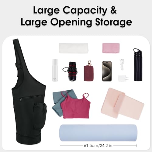 sportsnew Yoga Mat Bag, Large Opening Long Tote Yoga Mat Carrier Holder Bag with Waterproof Wet Pocket and Drawstring Water Bottle Pocket, Adjustable Shoulder Strap Storage Bag, patent pending - color: Black