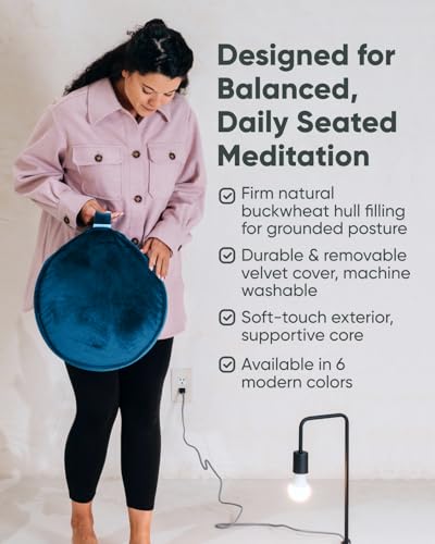 Mindful Modern Velvet Meditation Cushion | Luxe Zafu Yoga Floor Pillow Seat | Posture Support | Buckwheat Hull Filled | Large Round Cushion with Removable Washable Cover + Carry Handle - color: Royal Navy