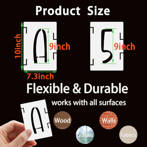 BAMIDELE 9 Inch Alphabet Letter Stencils, 42 Pcs Reusable Plastic Letters Numbers Symbol Interlocking Drawing Template Kit for Painting on Wood, Fabric, Rock, Chalkboard, Door Porch, Wall, Signage - size: 9 Inch