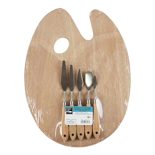 Artist's Loft Wood Paint Palette and Palette Knife Set, Ergonomic Oval Artist Tray with Stainless Steel Tools, Natural, 6-Piece Set