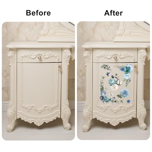 Joeyan Blue and Green Floral Rub On Transfers for Furniture and Crafts, 2 Large Design Sheets 12''x18'', DIY Home Decal on Wood Glass Metal Canvas Porcelain Paper Plastic, Flowers in The Field - style: Blue and Green Floral