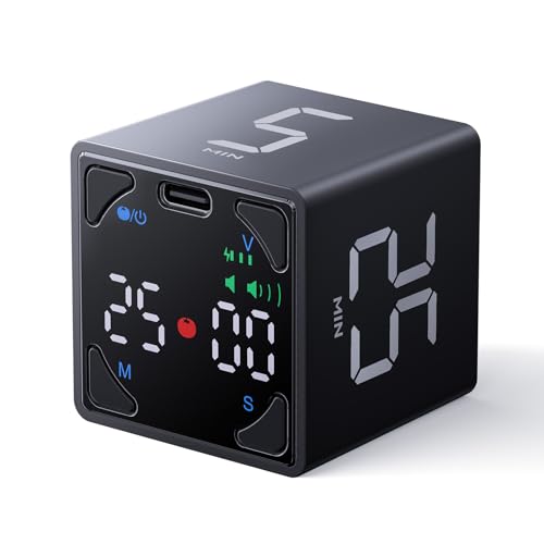 Ticktime Pomodoro Timer Cube, with 25/5 Auto Cycles, 5/25/30/60 Min Presets, Custom Timer, Stopwatch, Magnetic, Rechargeable, Silent, Vibrate & Sound, for Task, ADHD, Study, Work, Meeting, Black