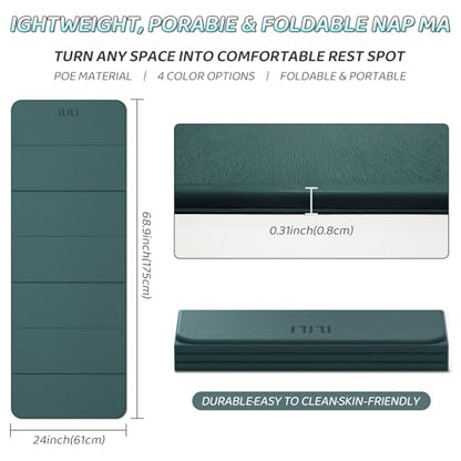 ILILI Foldable Yoga Mat 71 * 24 * 0.3 Inch | Lightweight TPE Non Slip Exercise Mat, Waterproof Portable Fitness Mat for Home Gym, Pilates, Stretching & Daily Workouts - color: Dark Green