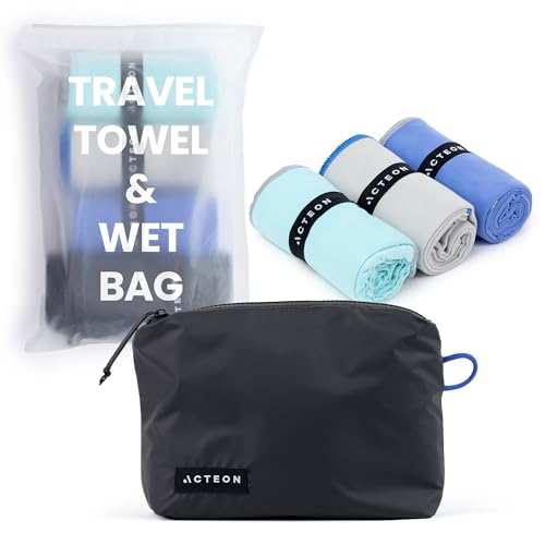 Acteon Microfiber Quick Dry Gym Towel, Silver ION Odor-Free Mega Absorbent Fiber Fast Drying Men Women Workout Gear for Body Sweat, Camping, Working Out Travel Towels – 3 Pack, 30x16, Laguna - color: Laguna, size: Pack of 3
