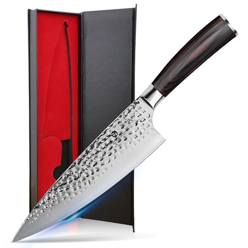 imarku 8 Inch Hammered Japanese Chef Knife,Powder Steel Edge Kitchen Knife | HC Stainless Steel,Anti-Stick Ultra Sharp Blade Cooking Knife,Ergonomic Pakkawood Handle,Professional Knife Gift - color: Silver
