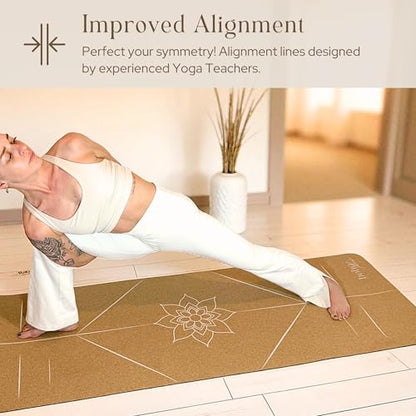 Premium Cork Yoga Mat Large 72"x26" – 5mm Thick Natural Rubber Cushioning - Non Slip Grip for Hot Yoga - Non-toxic & Odor-free - Stylish Alignment Lines & Elegant Boho Yoga Bag