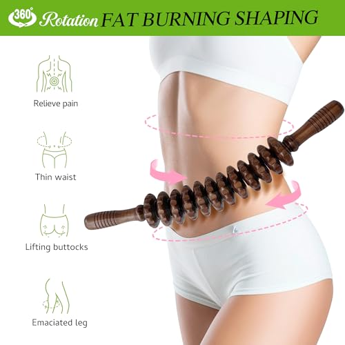 Wood Therapy Massage Roller Stick for Muscle Relief & Cellulite Reduction - color: Brown Curved-12 Rollers