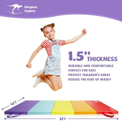Kangaroo Hoppers Gymnastics Tumbling Mats Foldable Gym Tumble Mat for Kids - color: Rainbow, size: 4×8FT×1.5''