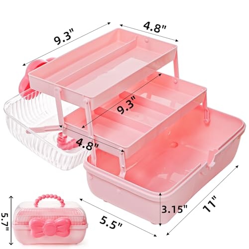 Noamus 11" Three-Layer Multipurpose Storage Box, Clear Plastic Art Craft Organizer, Portable First Aids Case with Handle Trays for Kids, Sewing Makeup Nail Hair Accessories, Home School Office(Pink) - color: Pink