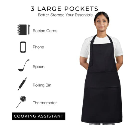 RAJRANG 100% Cotton Cooking Apron with 3 Pockets Kitchen Chef BBQ Adjustable Bib Aprons for Women Men - color: Black