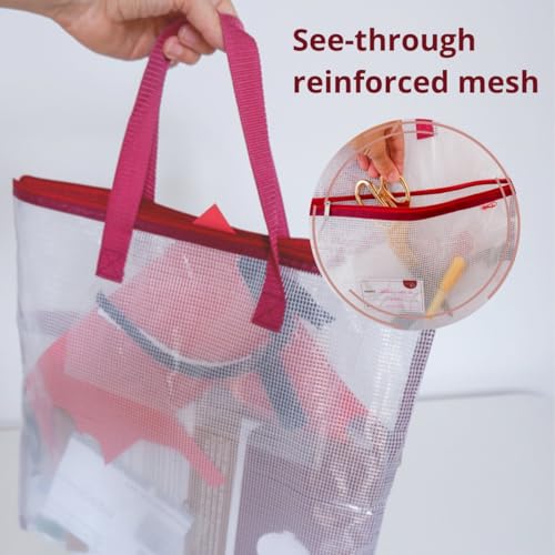 Madam Sew Project Bag - Craft Bag Organizer Tote with Handles, Two Pockets, See-Through Mesh, and Card Slot – Perfect for Quilting, Knitting, Stitching and Embroidery Projects Storage - 16”x16” - color: DARK RED