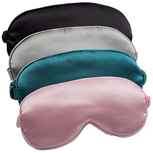 LERSVICVIL Sleep Mask 4 Pack Silk Eye Cover Soft Satin Blindfold Elastic Strap Night Eyeshade Travel Nap for Women Men - color: Black, Silver, Pink and Dark Green