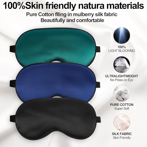 Silk Sleep Mask, Blackout Sleeping Eye Mask with Adjustable Strap 3 Pack | Soft Blindfold for Men & Women Side Sleeper, Pressure-Free Eye Cover, Eyeshade for Travel Nap Gift (Black,Blue,Green) - color: Black+blue+green