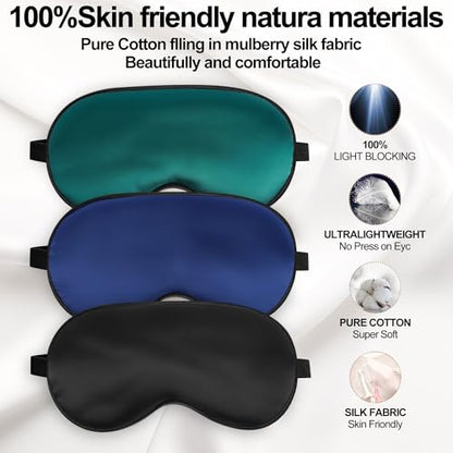 Silk Sleep Mask, Blackout Sleeping Eye Mask with Adjustable Strap 3 Pack | Soft Blindfold for Men & Women Side Sleeper, Pressure-Free Eye Cover, Eyeshade for Travel Nap Gift (Black,Blue,Green) - color: Black+blue+green