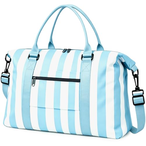TOPBAG Travel Duffle Bag, Waterproof Weekender Carry On Tote Bags for Women, Sport Gym Bag for Men, Hospital Bag for Labor and Delivery, Overnight Luggage Bag with Trolley Sleeve - color: Blue White