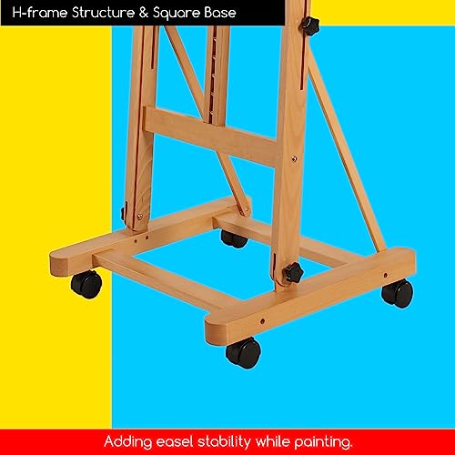MEEDEN Large Studio H-Frame Beech Wood Artist Easel - Adjustable Movable Tilting Easel, Floor Painting Easel Stand, Holds Canvas Art up to 48" - color: Natural, size: Easel with Wheels