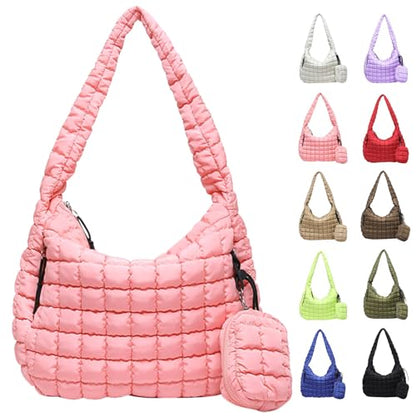 Puffer Tote Bag for Women, Large Quilted Puffer Bag with Pouch, Puffy Quilted Hobo Bag, Puff Crossbody Purse - color: 2-pink