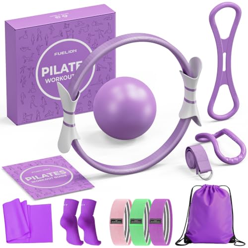 Pilates Ring Set for Women, Home Workout Pilates Equipment with Resistance Bands, 14'' Magic Circle, Mini Ball, Pilates Starter Kit for Strength, Toning and Flexibility - color: Purple, size: Medium-Level2