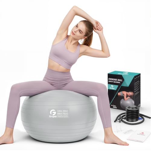 Gruper Exercise Ball, Extra Thick Yoga Ball for Working Out, Yoga & Pregnancy, 4 Sizes Anti-Burst Balance Ball with Foot Pump for Pilates, Physical Therapy & Fitness - color: sliver, size: XL(30IN/75cm)