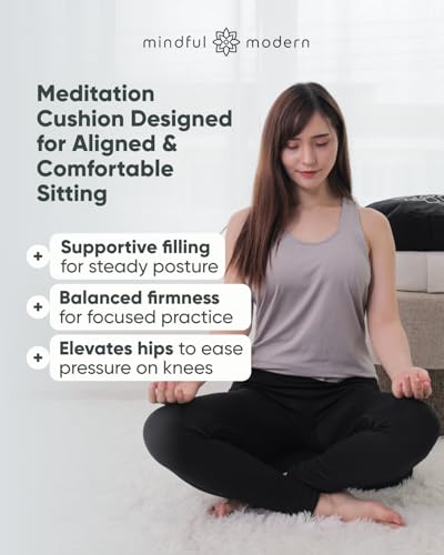Mindful & Modern Large Meditation Cushion | Zafu Yoga Bolster Meditation Floor Pillow Seat | Buckwheat Hull Filled Crescent Shaped Cushion with Removable Washable Cover + Carry Handle (Minimal Black) - color: Crescent - Black