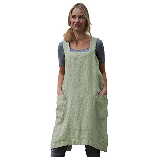 Larmliss Women's Pinafore Square Apron Baking Cooking Gardening Works Cross Back Cotton/Linen Blend Dress with 2 Pockets - color: Y-light Green, size: Medium