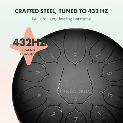 Panda Drum Plus (Black) | Steel Tongue Drum for Inside & Outside | 11 Inch | with Music Book, Mallets, Carrying Bag & Finger Picks | 432 Hz Rain Drum | Calming Musical Instrument for Adults - color: 3-Black