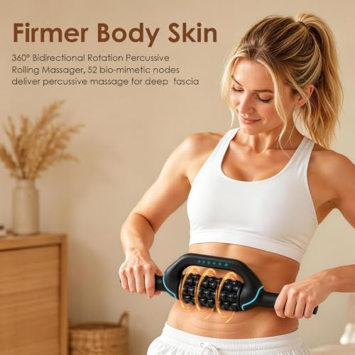 Electric Rolling Percussive Massager, Deep Tissue Muscle Roller & 6 Speeds | Rechargeable Electric Roller with Hands-Free Base for Lymphatic Massage, Back, Legs & Calves, Ideal for Muscle Recovery