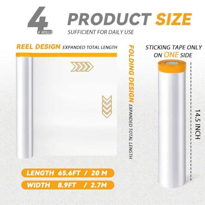 4 Rolls 8.9 x 65.6 ft Pre-Taped Masking Film, Plastic Drop Cloth with Tape | Plastic Sheeting Drop Cloth for Painting,Automotive Covering and Appliance Protection,Pre Taped painter,Plastic Sheeting Roll