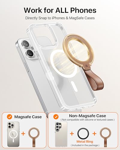 andobil 2026 Premium Leather Magnetic Phone Grip Holder for MagSafe, Stable | [Longest Durable] Adjustable Magnetic Phone Ring Kickstand w/Leather Loop MagSafe Accessories for iPhone 12-17 Series, Brown - color: brown