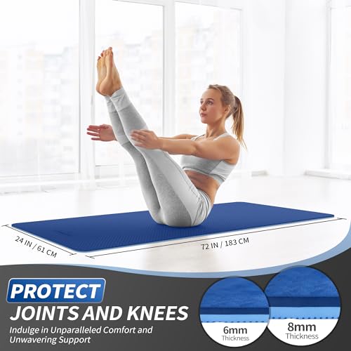 CAMBIVO Yoga Mat for Women Men Kids, 1/3 & 1/4 & 2/5 Inch Extra Thick Yoga Mat Non Slip, 72" x 24" TPE Yoga Mats, Workout Mat with Carrying Strap for Yoga, Pilates and Floor Exercises - color: Blue, size: 72*24*0.24 inch