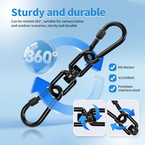 Aheucndg 1200 lb Capacity Heavy Duty Double Ended Eye Hook with Snap Hook, SUS304 Swivel Hooks 1Pack + Snap Hooks 2Pack, for Aerial Yoga, Hanging Hammock, Web Tree Swing, Swing Spinner M8 - color: Black, size: 8mm
