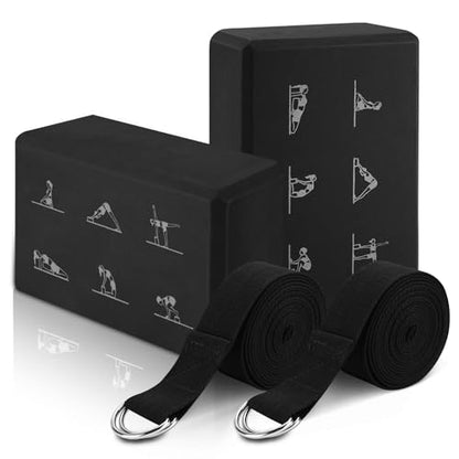 RETON Yoga Blocks Set with Straps, High Density Yoga Bricks, Lightweight EVA Foam Pilates Block, 2 Yoga Blocks with 2 Straps for Yoga, Pilates, Fitness, Stretching and Toning - color: Black