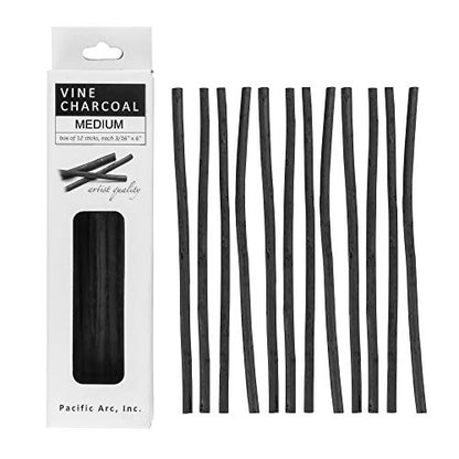 Pacific Arc Artist Vine Charcoal, Medium, Black 12 Pieces, Artist Vine Charcoal Sticks, Medium and Smooth Drawing Charcoal - style: Medium | 12 Sticks
