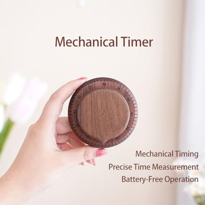 Walnut Wood Kitchen Timer – 60 Minute Mechanical Countdown, Wooden Cooking Timer for Baking, Study & Home (8cm)