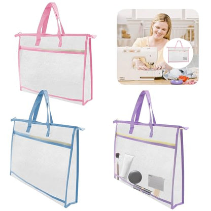 3 Pcs A3 Project Bags for Quilting Craft - Clear Mesh Sewing Bag With Zipper Handles & Pockets for Artworks, Charts and Teaching Material - color: light blue, light pink and light purple