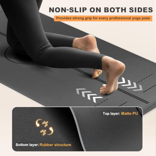 Yoga Mat - Non Slip Natural Rubber Yoga Mat, Alignment Lines, Ultimate Grip | Anti-Tear, Durable & Thick 5mm, Skin-Friendly with Free Carry Strap, Bag, for Yoga, Pilates Fitness and Floor Exercises - color: Gray