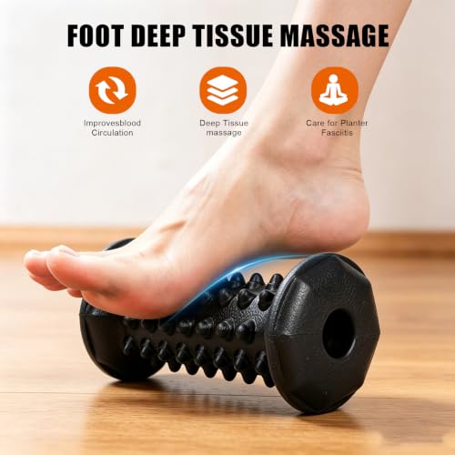 Foot Massager Roller for Plantar Fasciitis, Arch Heel Pain Relief | Portable reflexology Deep tissue massage tool for feet and calf, travel, home and office use - color: Black
