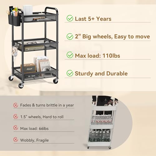 YASONIC 3 Tier Metal Rolling Cart, Black Utility Storage Cart with Wheels - color: Black, size: 3-tier